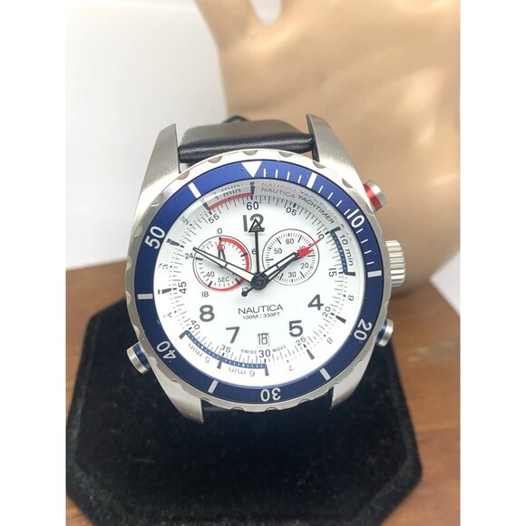 Nautica Men's Watch N25003 Swiss Quartz White Dial Date Black Leather Band 42mm - Picture 13 of 14